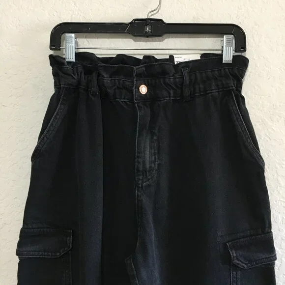 ZARA High Waist Baggy Fit Paper Bag Carrot Leg Ankle Rigid Black Womens 6 - Picture 5 of 16